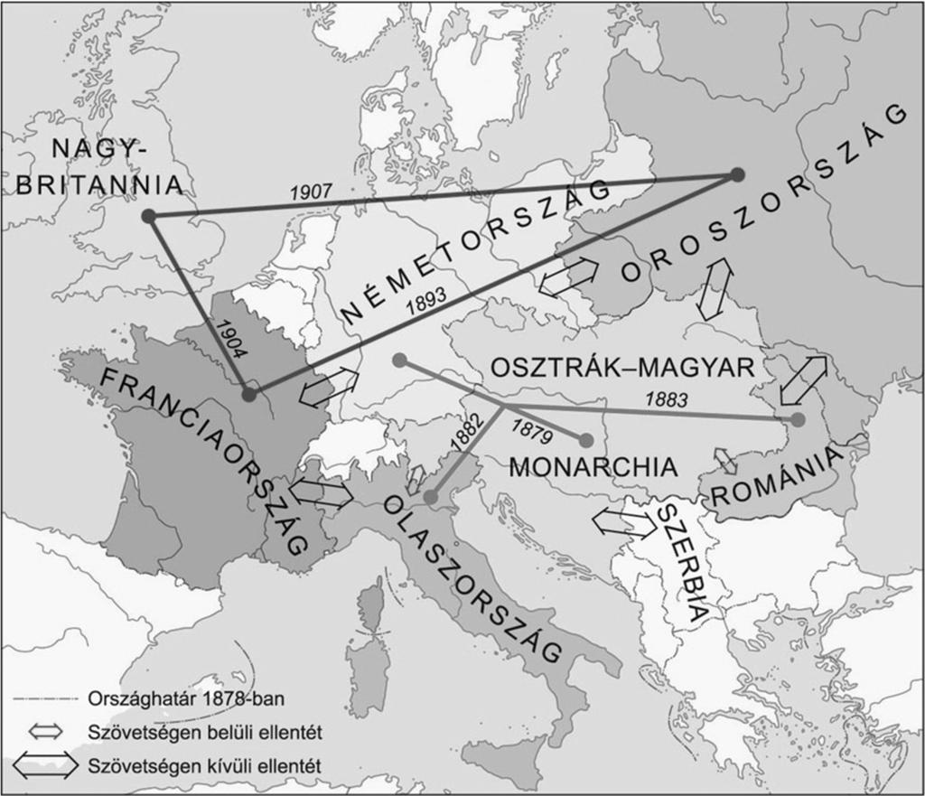 6. A feladat az első világháború előzményeivel kapcsolatos. Oldja meg a szövetségi rendszerek kialakulására vonatkozó feladatokat a térképvázlat és ismeretei segítségével! (Elemenként 1 pont.
