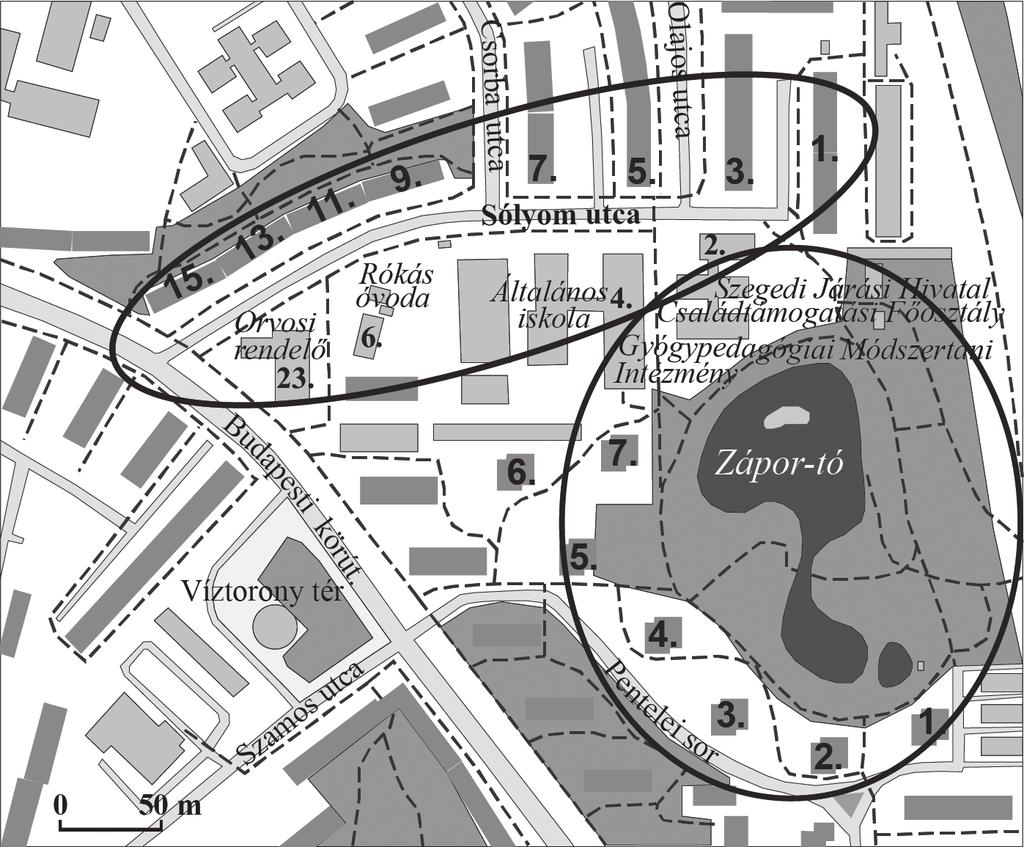 4. ábra Az 1. (Sólyom utca) és a 2. (Zápor-tó környéke) mintaterület térképe (szerk. Karancsi Z.) Figure 4 The research area 1 (Sólyom Street) and 2 (Lake Zápor) on map (ed. by Karancsi, Z.) 2.