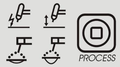 Polaritás: Ezen ikon jelzi a használt eljárás polaritását: DC+, AC kézi ívhegesztés, DC- és AC TIG műveletek.