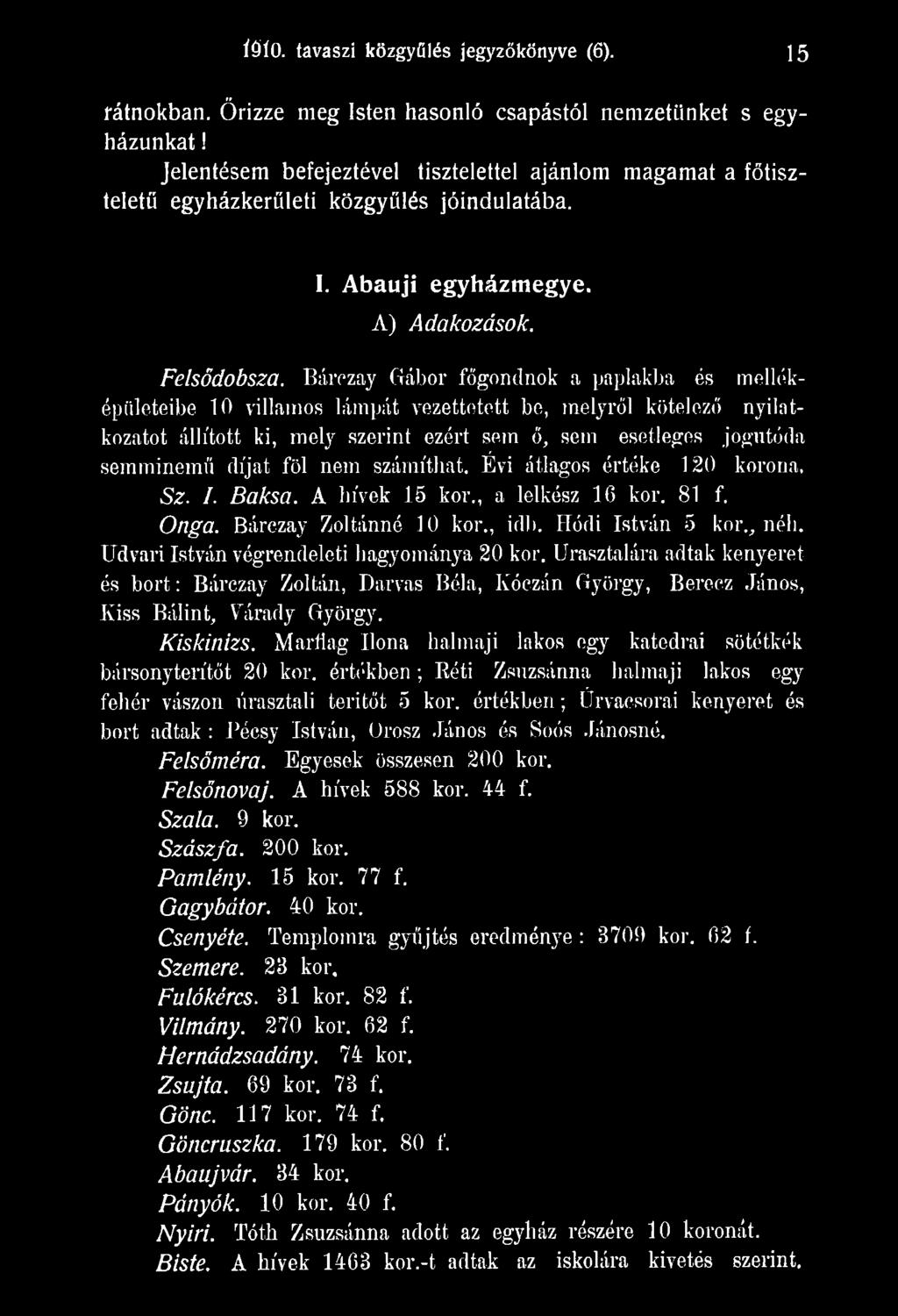 Udvari István végrendeleti hagyománya 20 kor. Urasztalára adtak kenyeret és bort: Bárezay Zoltán, Darvas Béla, Kóczán György, Berecz János, Kiss Bálint, Várady György. Kiskinizs.