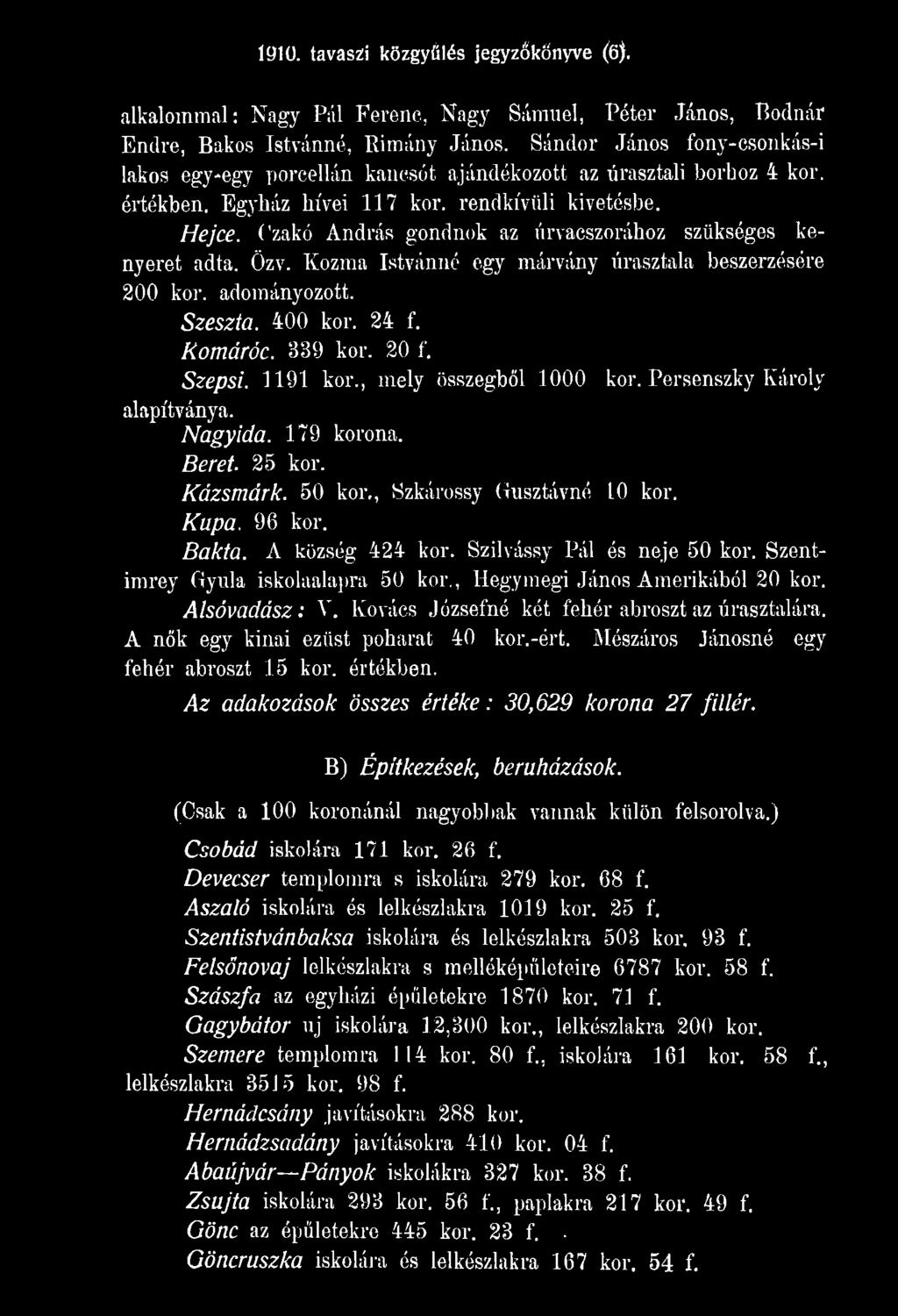 Szilvássy Pál és neje 50 kor. Szentimrey Gyula iskolaalapra 50 kor., Hegyin égi János Amerikából 20 kor. Alsóvadász: V. Kovács Józsefné két fehér abroszt az úrasztalára.
