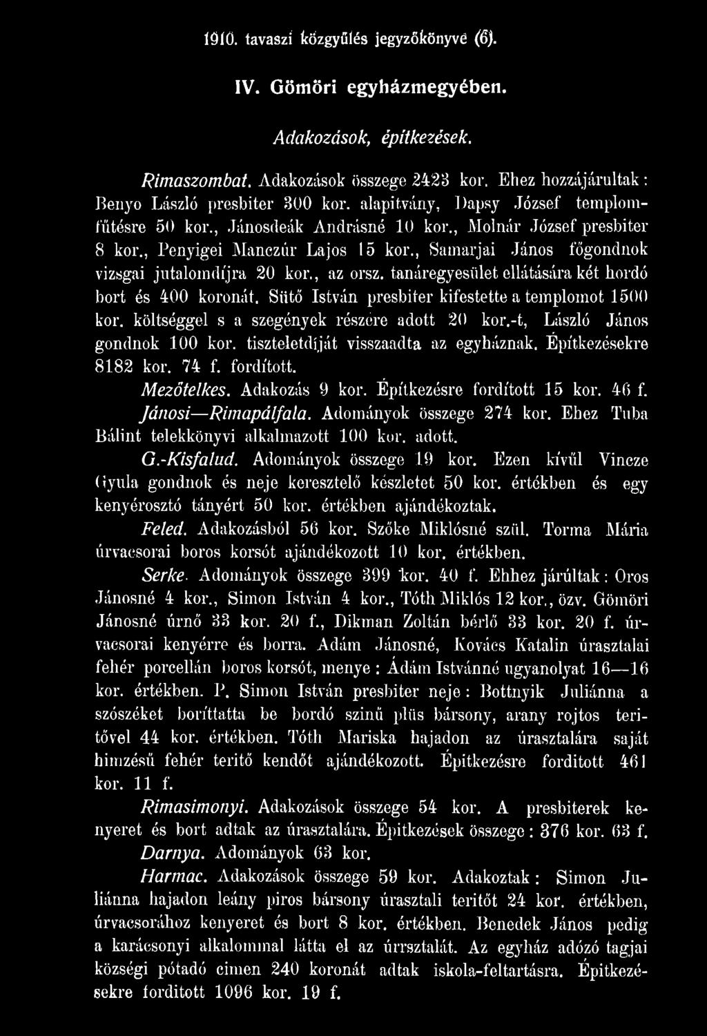 Adományok összege 274 kor. Éhez Tuba Bálint telekkönyvi alkalmazott 100 kor. adott. G.-Kisfalud. Adományok összege 19 kor. Ezen kívül Vincze Gyula gondnok és neje keresztelő készletet 50 kor.