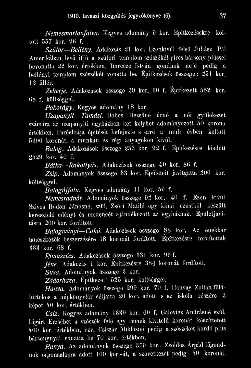 Paróchiája építését befejezte s erre a múlt évben költött 5600 koronát, a munkán és régi anyagokon kivűl. Balog. Adakozások összege 253 kor. 92 f. Építkezésre kiadott 2529 kor. 40 f. Bátka Rakottyás.