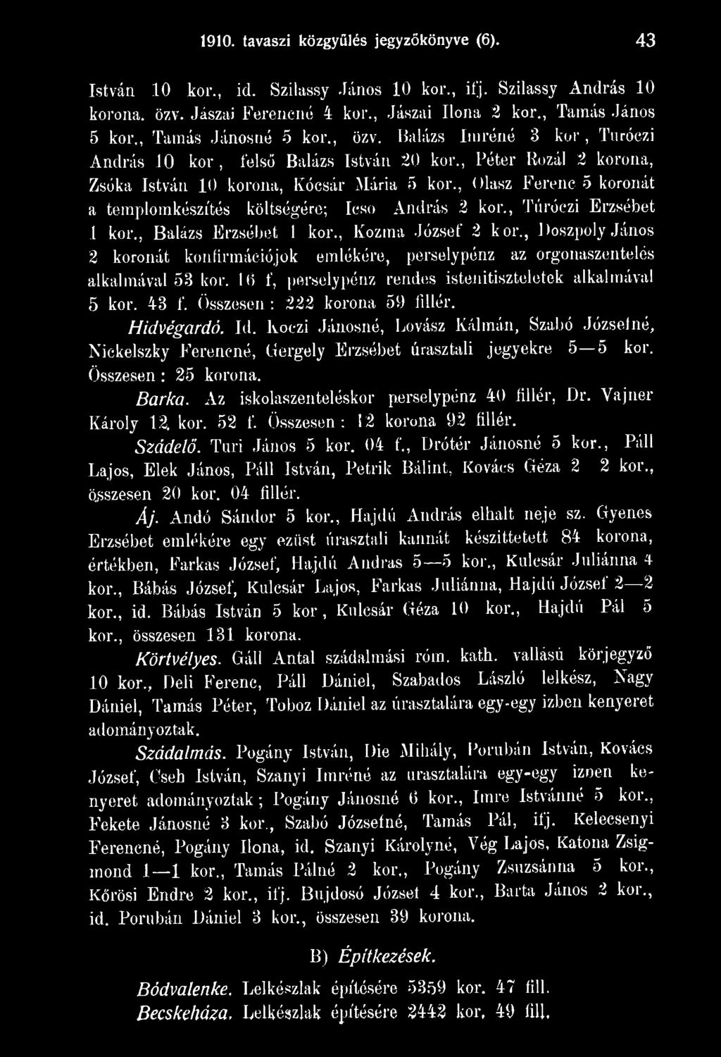Hidvégardó. Id. lvoczi Jánosné, Lovász Kálmán, Szabó Józsetné, Nickelszky Ferencné, Gergely Erzsébet úrasztali jegyekre 5 5 kor. Összesen: 25 korona. Barka.
