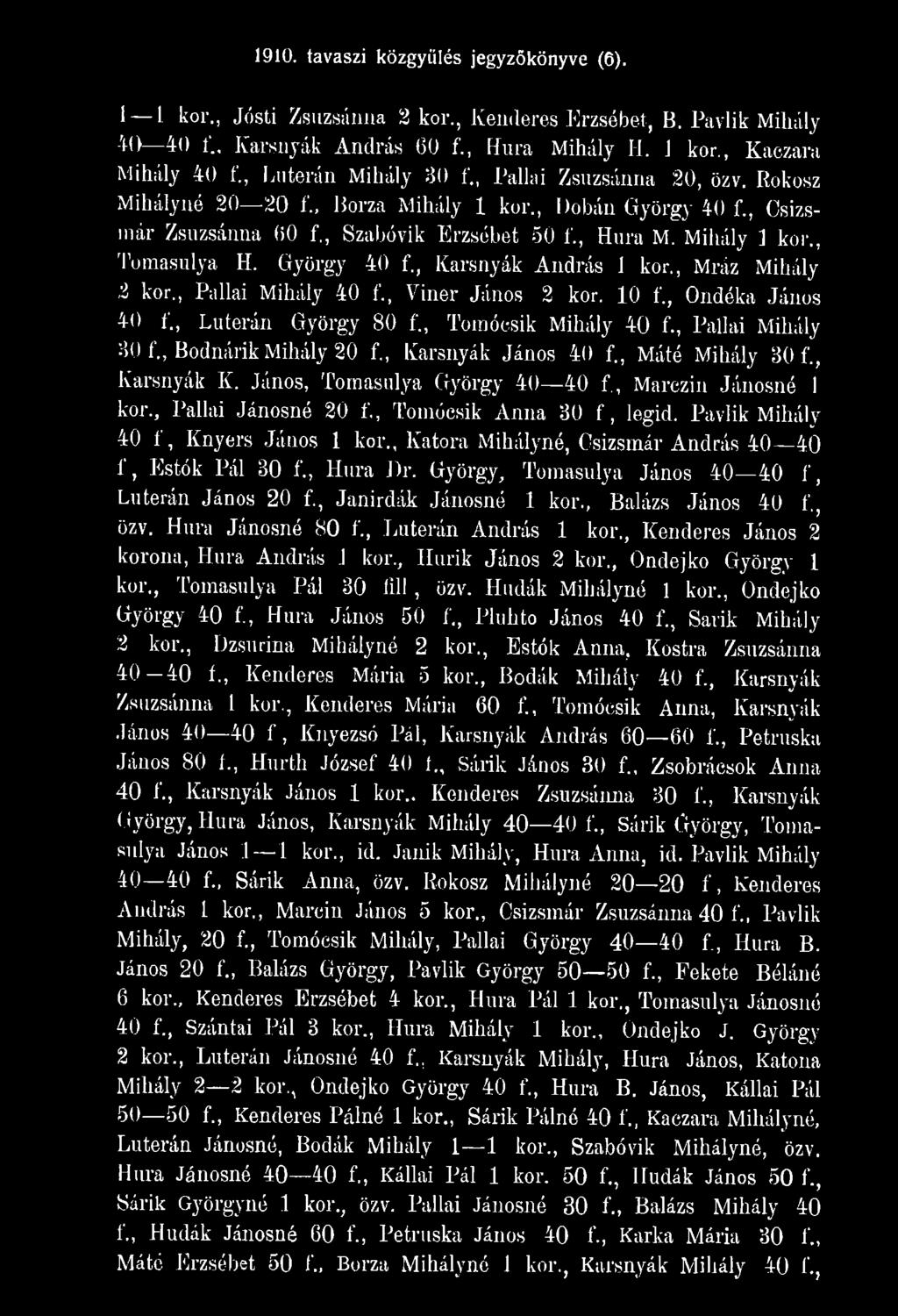 Pavlik Mihály 40 f, Knyers János 1 kor., Katóra Mihályné, Osizsmár András 40 40 f, Estók Pál 30 f., Hura Dr. György, Tomasulya János 40 40 f, Luterán János 20 f., Janirdák Jánosné 1 kor.