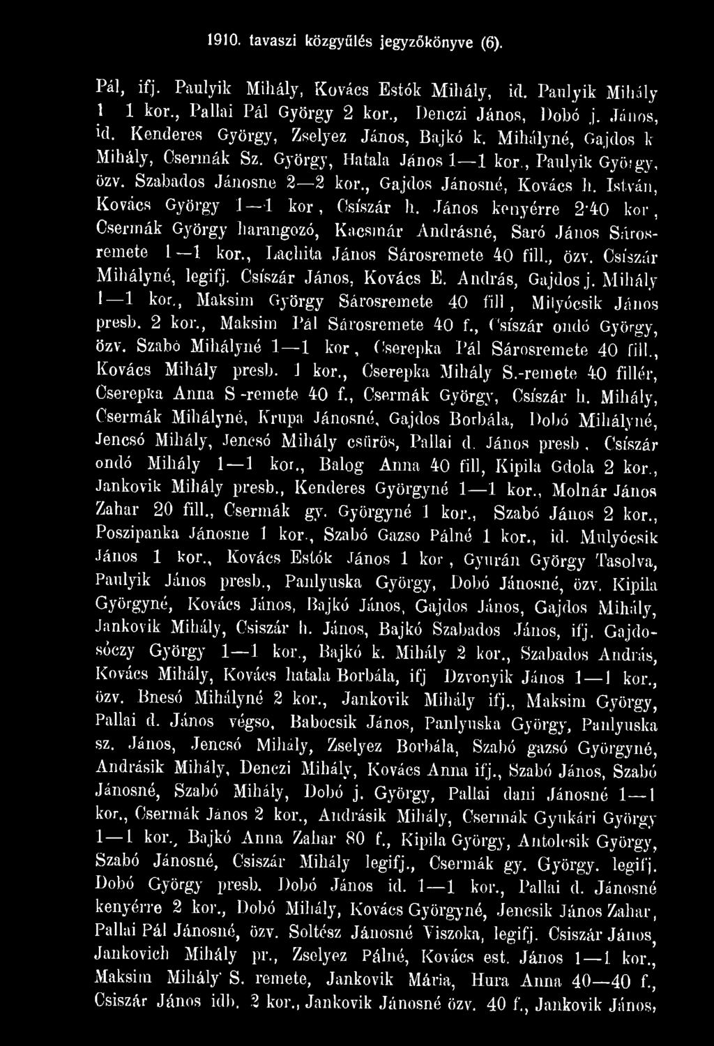 , Csiszár ondó György, özv. Szabó Mihályné 1 1 kor, Cserepka Pál Sárosremete 40 fill., Kovács Mihály presb. 1 kor,, Cserepka Mihály S.-remete 40 fillér, Cserepka Anna S -remete 40 f.