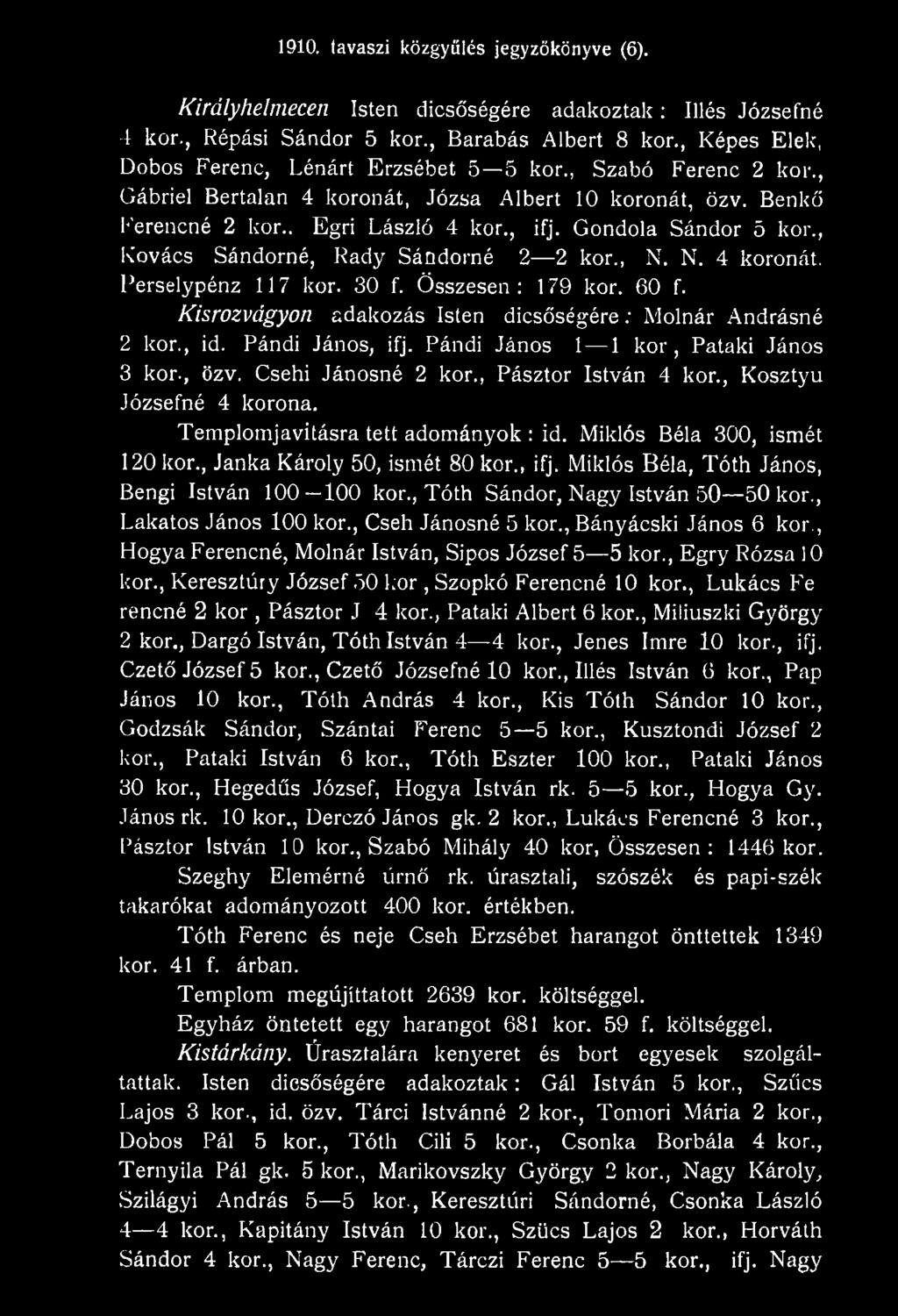 Miklós Béla 300, ismét 120 kor., Janka Károly 50, ismét 80 kor., ifj. Miklós Béla, Tóth János, Bengi István 100 100 kor., Tóth Sándor, Nagy István 50 50 kor., Lakatos János 100 kor.