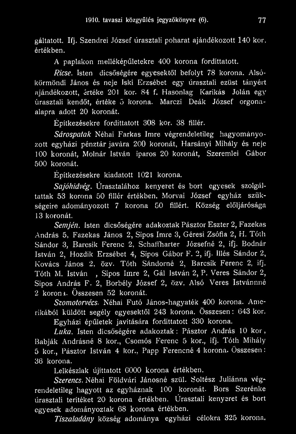 Építkezésekre kiadatott 1021 korona. Sajóhidvég. Úrasztalához kenyeret és bort egyesek szolgáltattak 53 korona 50 fillér értékben. Morvái József egyház szükségeire adományozott 7 korona 50 fillért.