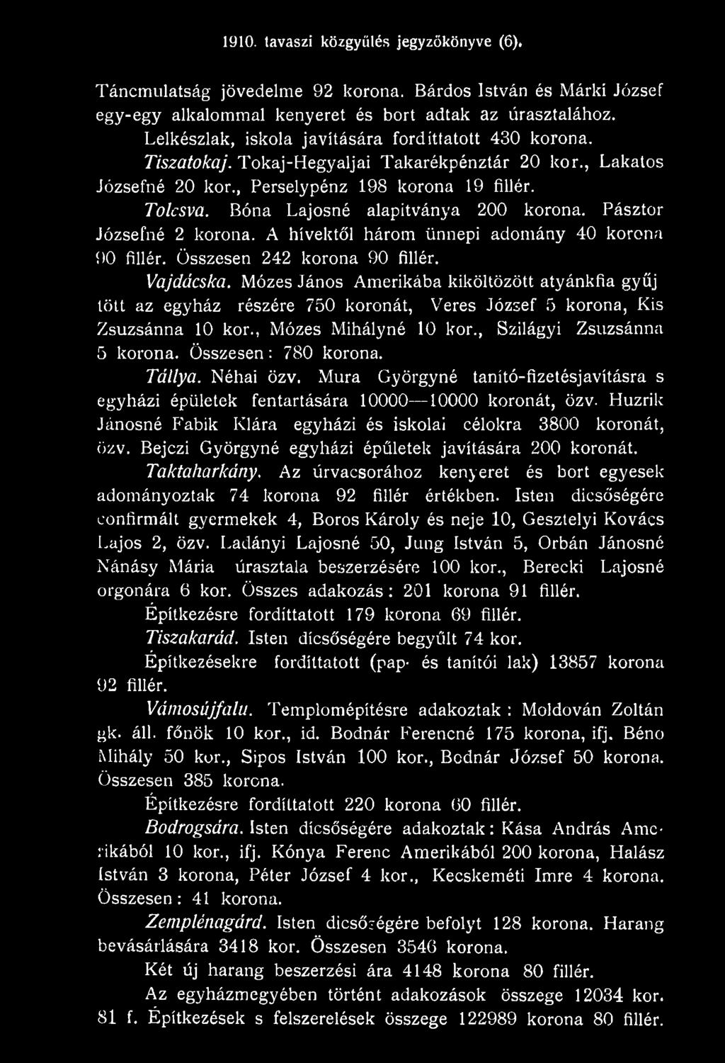 Ö sszesen: 780 korona. Tállya. Néhai özv. Mura Györgyné tanító-fizetésjavításra s egyházi épületek fentartására 10000 10000 koronát, özv.
