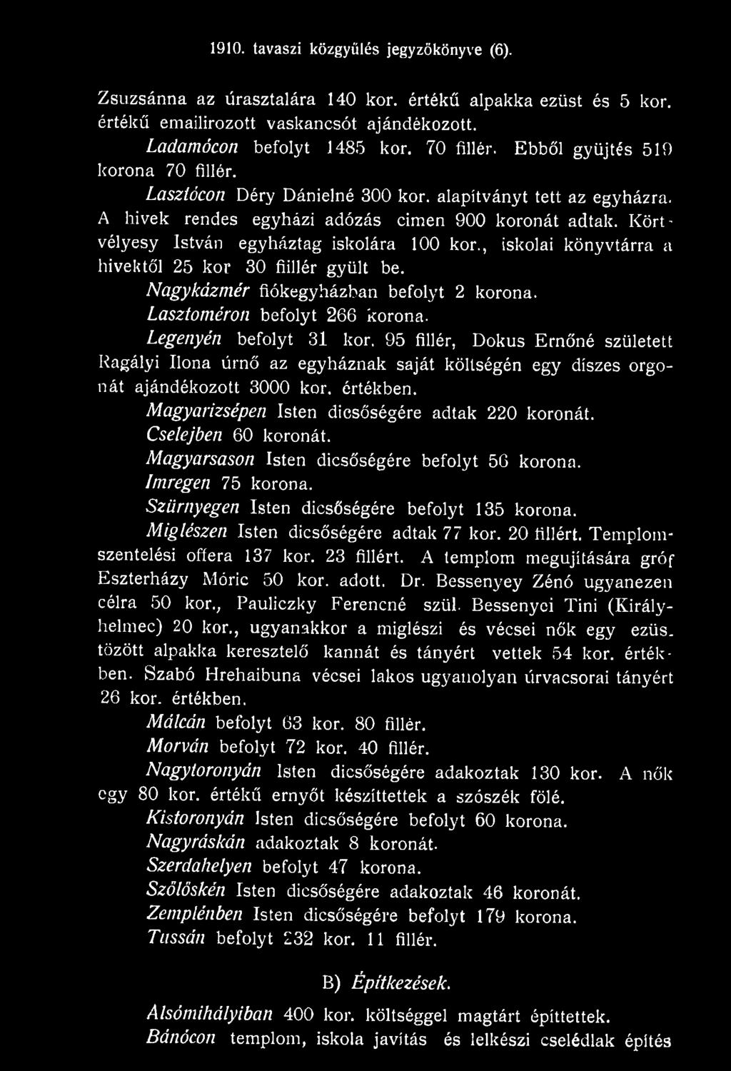 Cselejben 60 koronát. Magyarsason Isten dicsőségére befolyt 56 korona. Imregen 75 korona. Szürnyegen Isten dicsőségére befolyt 135 korona. Miglészen Isten dicsőségére adtak 77 kor. 20 fillért.