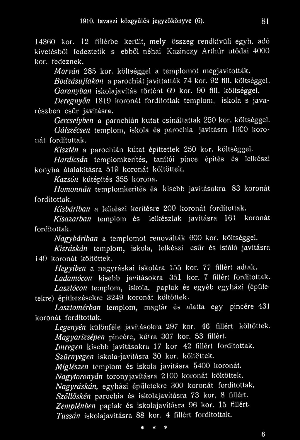 Kismarban templom és lelkészlak javításra 161 koronát fordítottak. Nagybáriban a templomot renoválták 600 kor. költséggel.