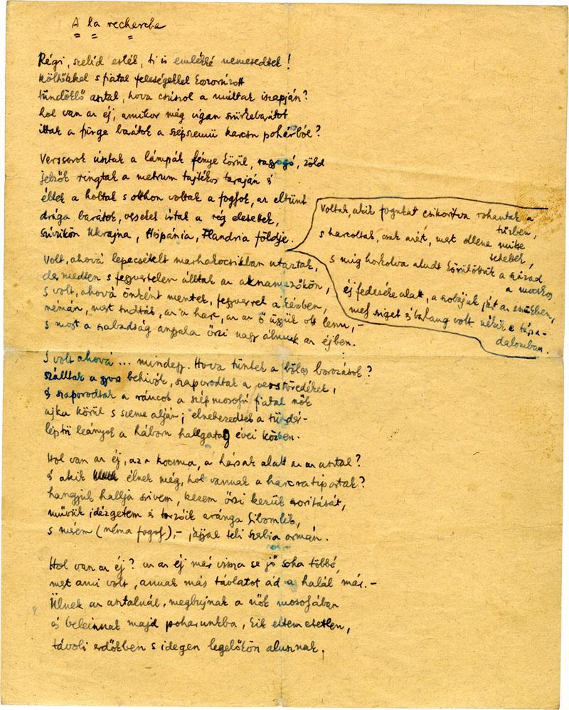 A LA RECHERCE Cím:Proust regényére utal(jelentése: Az elveszett idő nyomában) A háború előtti világot mutatja be:halottak nem voltak,éltek a barátok stb.