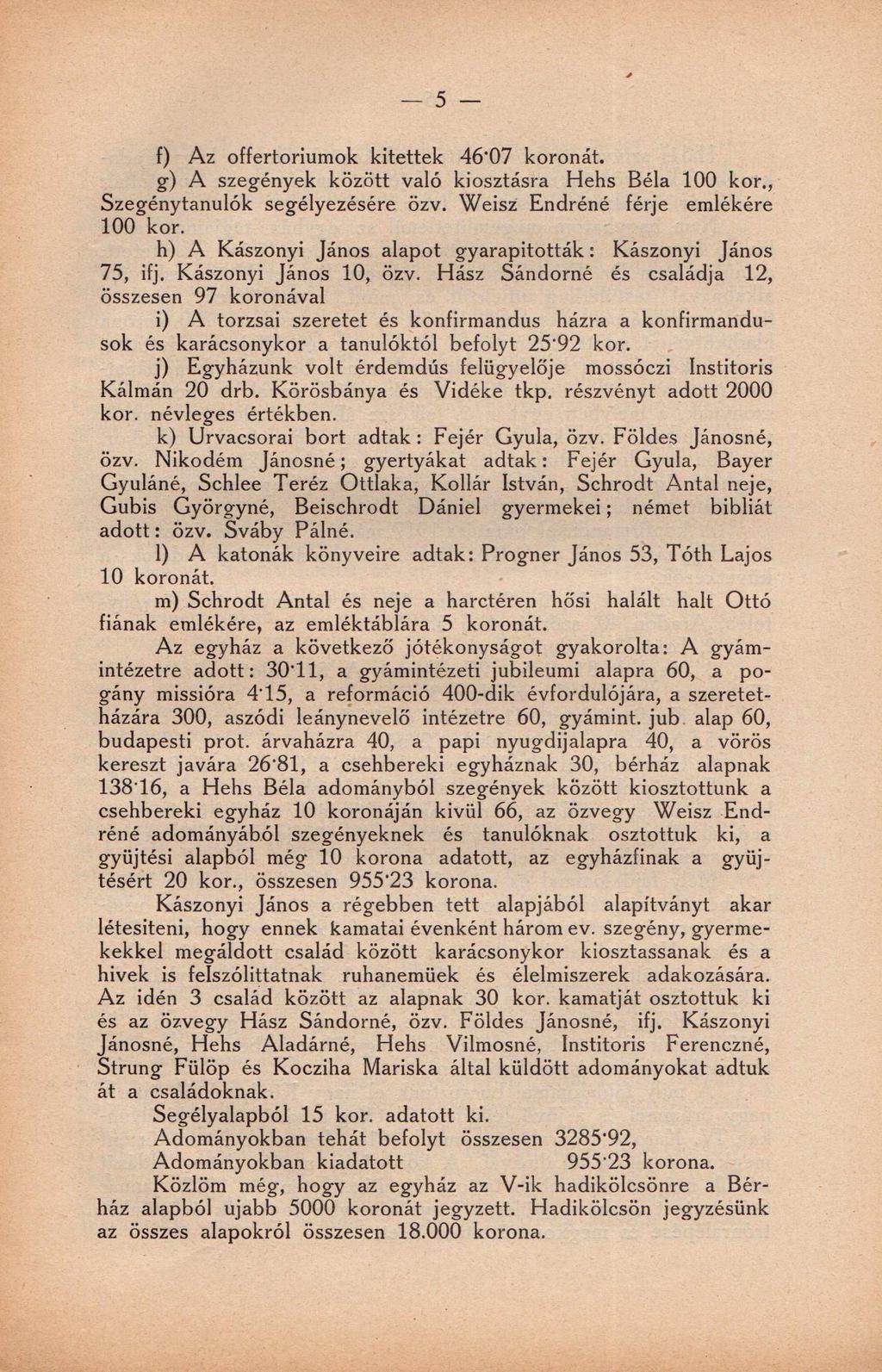 5 f) Az offertoriumok kitettek 46'07 koronát. g) A szegények között való kiosztásra Hehs Béla 100 kor., Szegénytanulók segélyezésére özv. Weisz Endréné férje emlékére 100 kor.