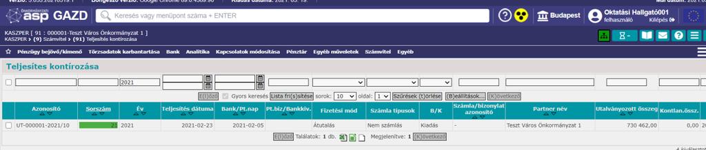 A kontírozott tételeket a Lap tetején megadott intézmény és hónap lekönyvelése gombbal lekönyveljük.