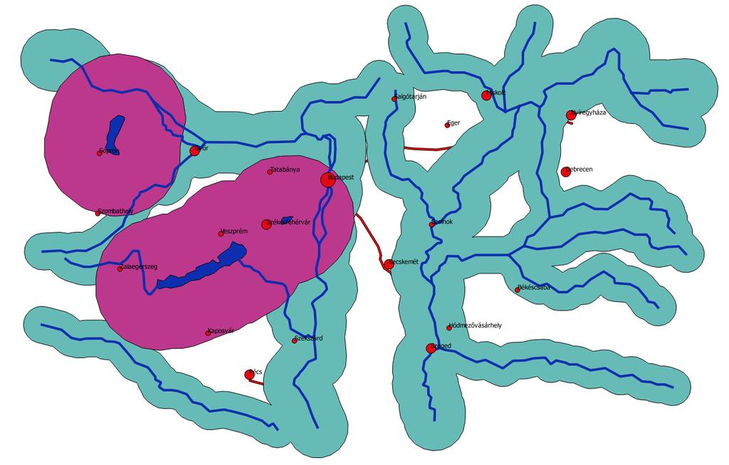 zona = 25000, szelektáltak aktualizálása, szerkesztés ki, mentés, szelekció megszüntetése Vektor/Geoprocessing eszköz/változó