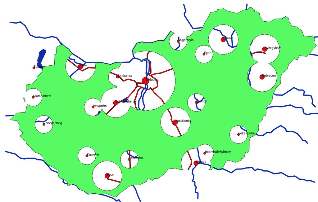 5.3 TELEPÜLÉSEKRE VÉDŐÖVEZET Települések központjától is védőtávolság. Milliós városnál 50 km, 100000 fő felett 25 km, kisebb városnál 15 km. Hasonlóan a folyók változó védőtávolságú övezeteihez.