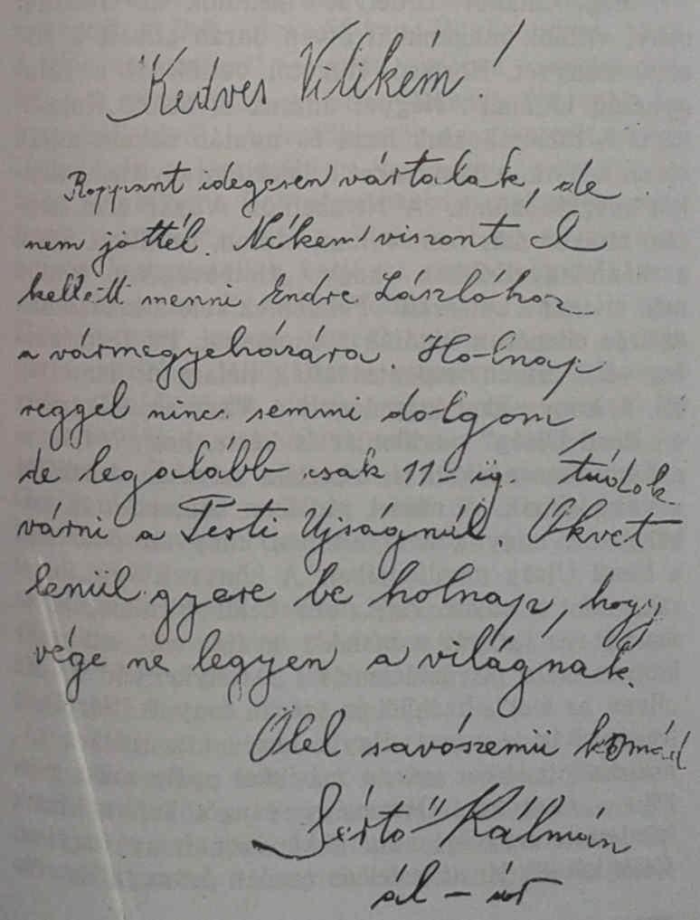 Kedves Vilikém! Roppant idegesen vártalak, de nem jöttél. Nékem viszont el kellett menni Endre Lászlóhoz a vármegyeházára.