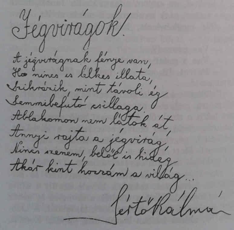 Jégvirágok A jégvirágnak fénye van, Ha nincs is lelkes illata, Szikrázik, mint a távoli ég Semmibefutó csillaga.