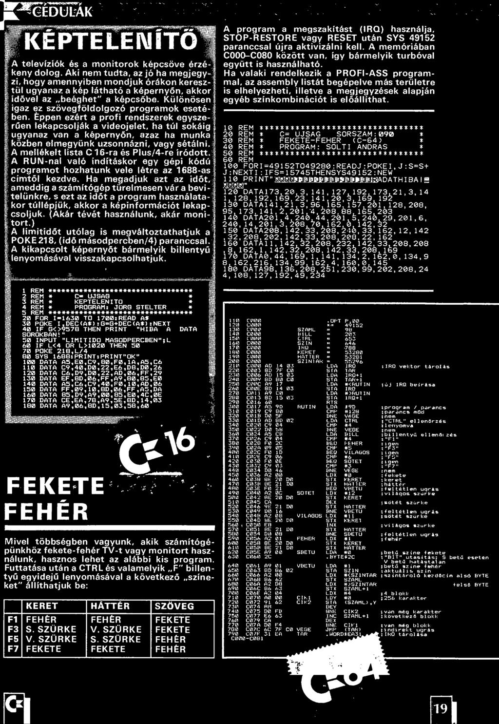 A mellékelt lista C 16-ra és Plus/4-re íródott. A RUN-nal való indításkor egy gépi kódú programot hozhatunk vele létre az 1688-as cimtől kezdve.