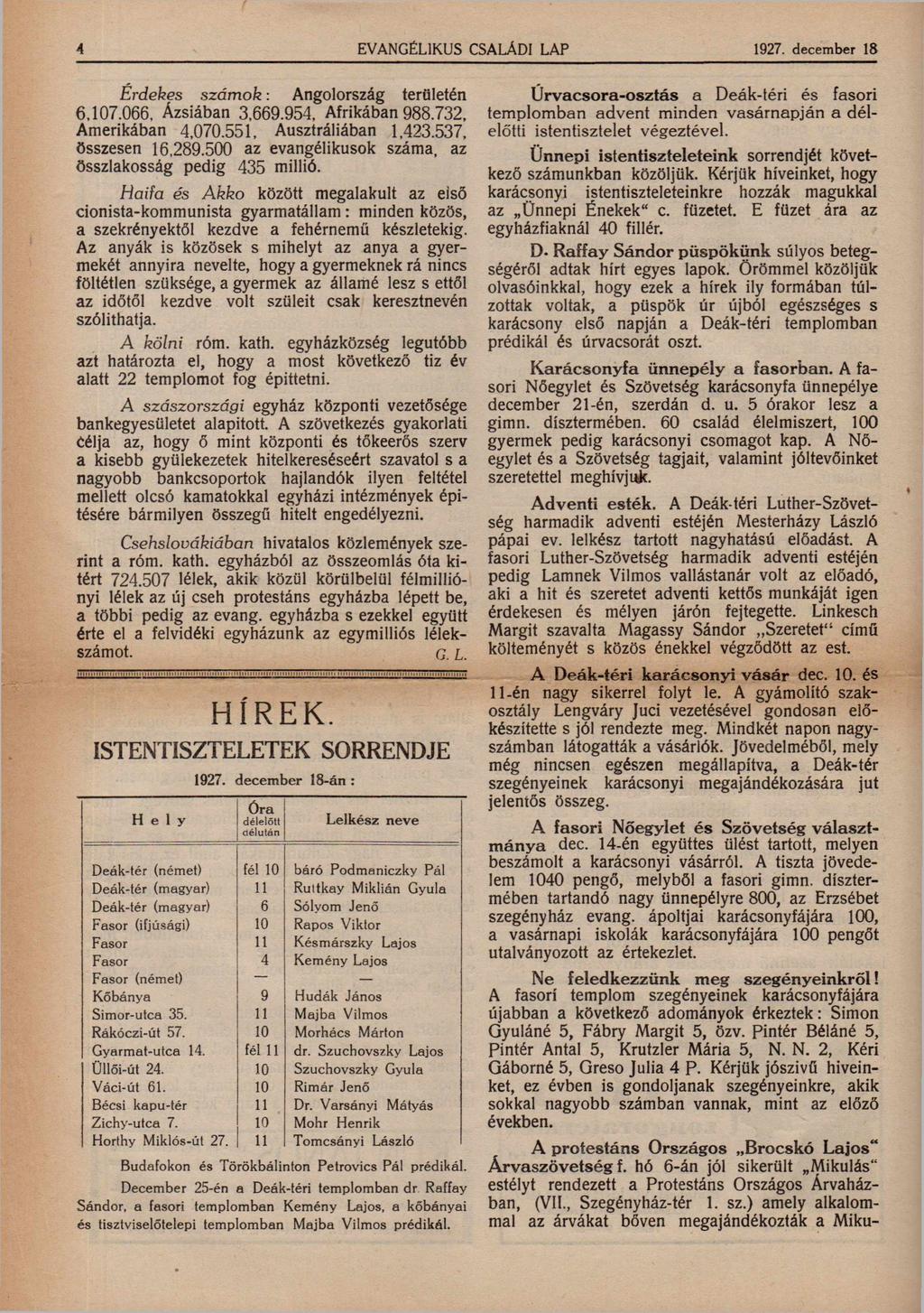 4 EVANGÉLIKUS CSALÁDI LAP 1927. december 18 Érdekes szám ok: Angolország területén 6,107.066. Ázsiában 3,669.954, Afrikában 988.732, Amerikában 4,070.551, Ausztráliában 1,423.537, összesen 16,289.