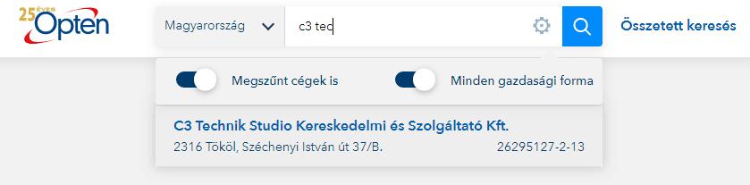 Gyorskereső Keressen egy céget a gyorskereső sávban Név, adószám, cégjegyzékszám, nyilvántartási szám alapú keresés gépelés közben megjelennek és szűkülnek a találatok A gyorskereső beállításai Az