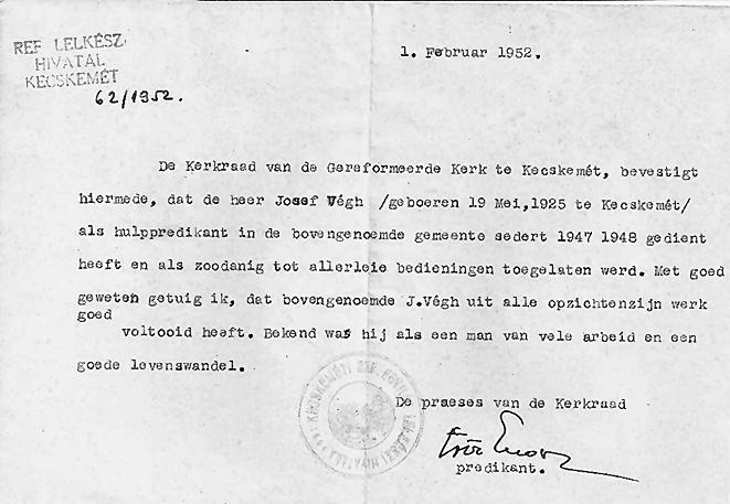 3. kép. A kecskeméti Református Lelkészi Hivatal 1952. február 1-jén kelt 62 /1952.
