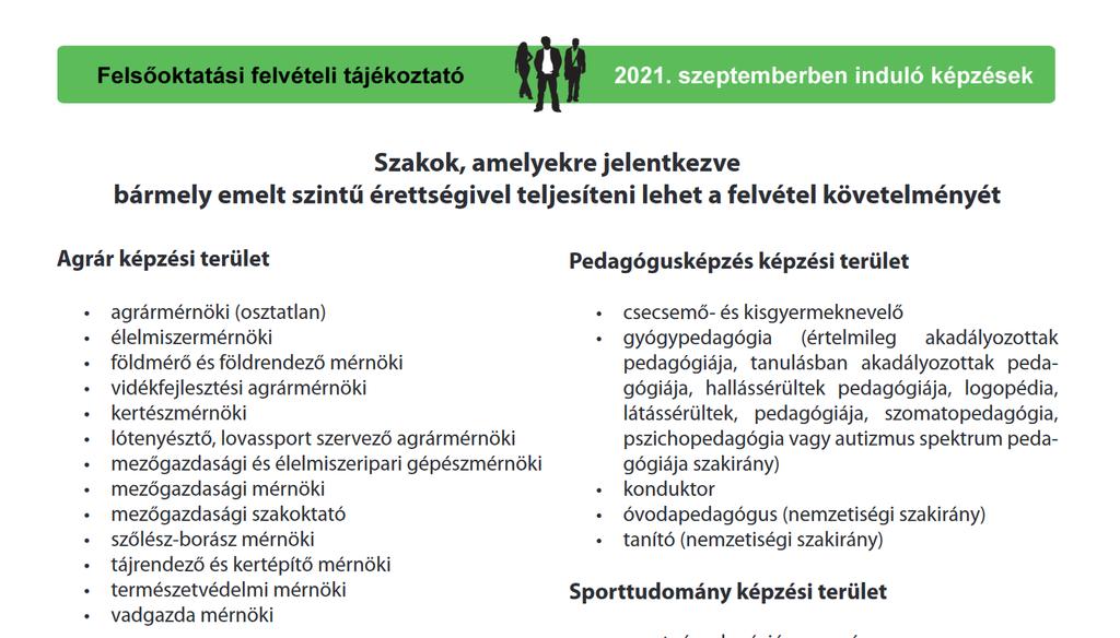 Szakok, amelyekre bármely emelt