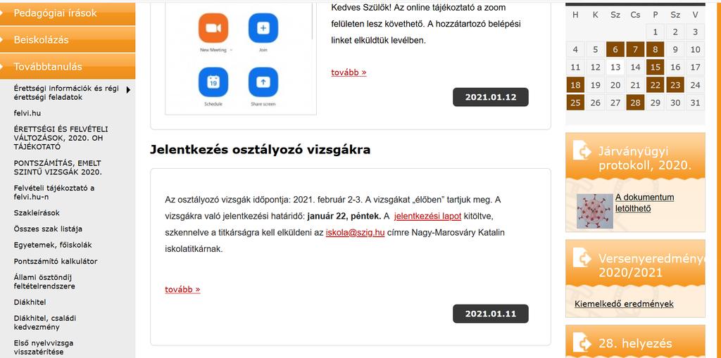 Az iskolai honlapon a