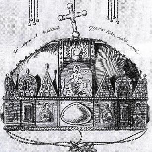 10. ábra 1792-ben készült rajz a Szentkoronáról Egy vitathatatlan különbség: a korona abroncsára forrasztott, felhelyezett zománcképek kifelé hajlanak, így látható volt Bertalan (Artholo) és Tamás
