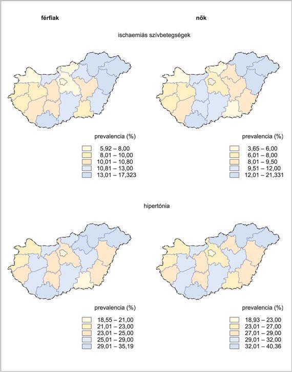 III. A nem fertőző betegségek epidemiológiája III-6. ábra Az ISzB, valamint a hipertónia gyakoriságának területi különbségei a 45 64 éves férfiak és nők körében (Magyarország, 20