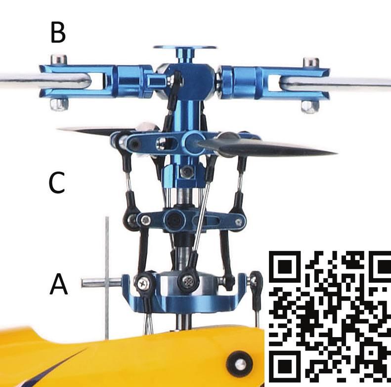 Flybar mechanikával (C) ellátott helikoptermodell rotoragy, ciklikus állásszögvezérléssel (A) és lapátokkal (B). (ezek a modellek oldalazni nem tudnak).