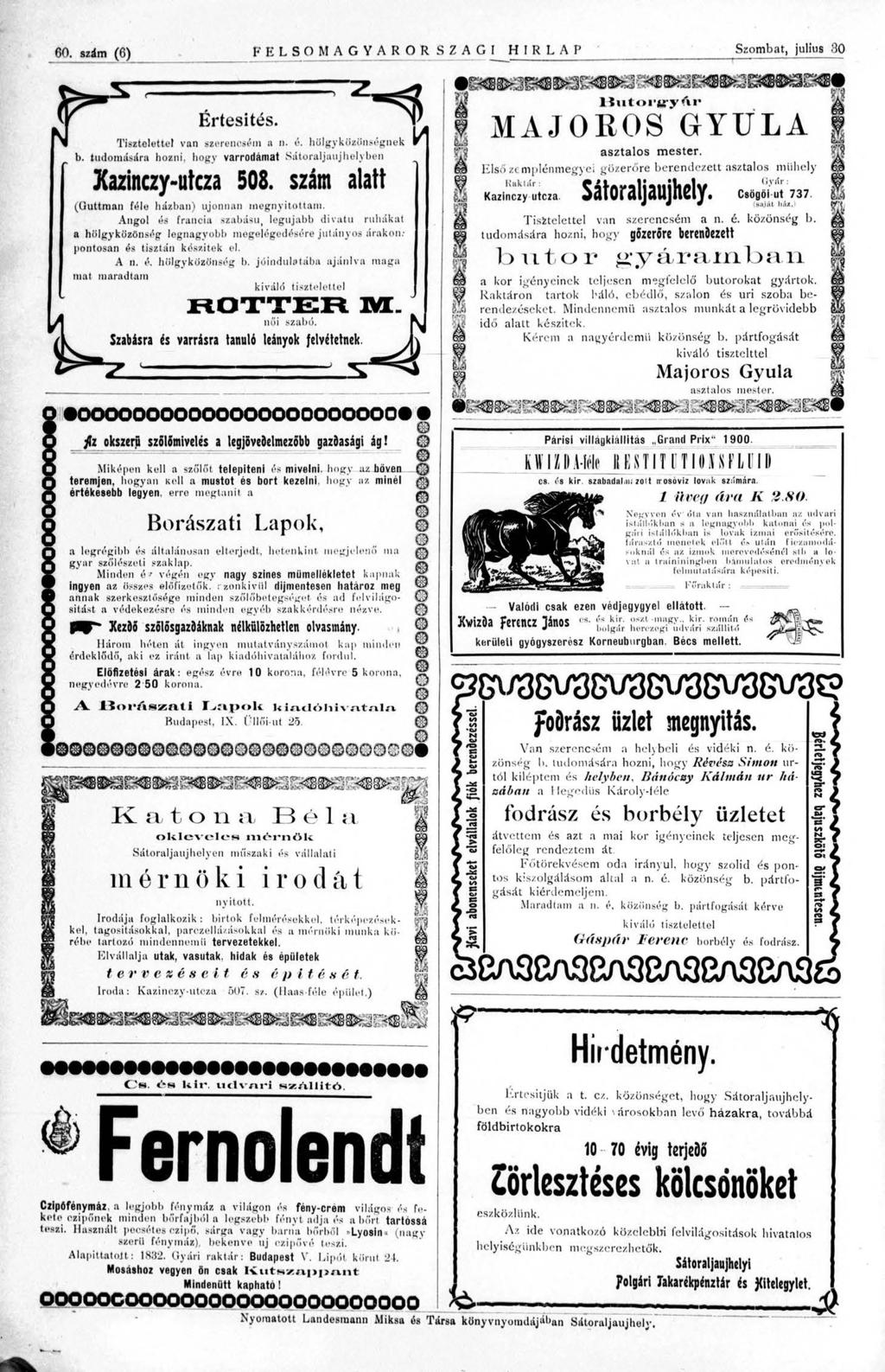60. szám (6) F E L SOMAGYAR O R SZAG I HÍRLAP Szombat, julius 30 I J «Értesítés. Tisztelettel van szerencséin a n. é. hölgyközünségnek r b.