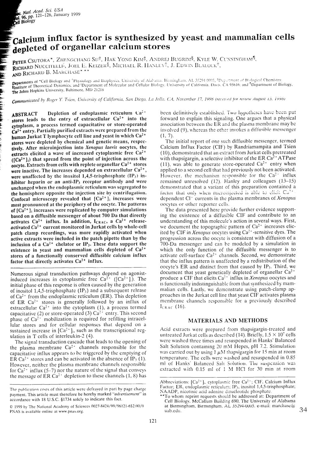 Calcium influx factor is synthesized by yeast and mammalian cells depicted of organellar calcium stores peter Csutora*. Zhengchang Sut, Hak Yo.ng Kim*. A ndrej Bugrim, Kyle W.