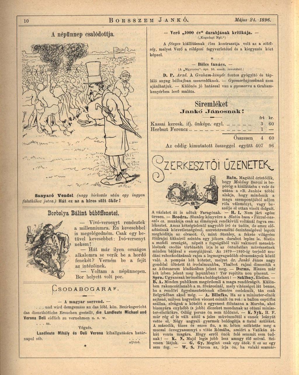 10 B orsszem J ankó. Május 24. 1896. A népiinnep csalódottja. Verő 1000 év darabjának kritikája. ( Kzgzdsgi Npl.