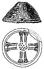 kép A hasfalvi bronz szertartási tárgy is a Kárpát-medencében készült, kiemelkedõ díszei szintén a Korona alaprajzához hasonlatosak.