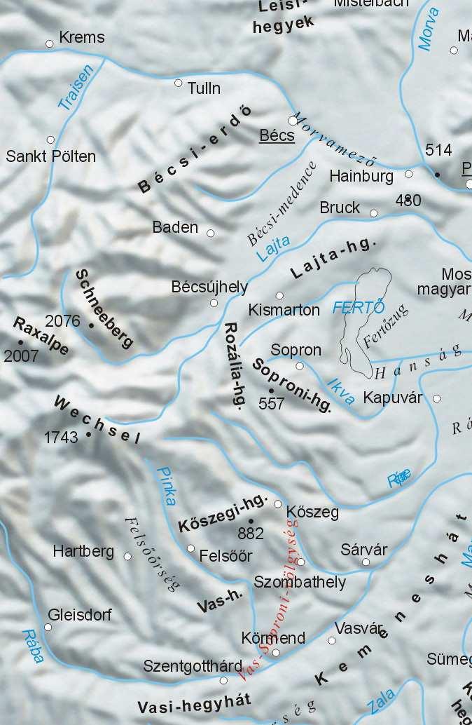 III. Nyugat-Dunántúl (Alpokalja) Felszabdalt kavicshátak fölé emelked alacsony metamorf hegységek Alsó-kelet-alpi takaró (Wechsel- és Semmeringegység) Soproni-hegység és Fert-melléki dombság, Lajtahg.