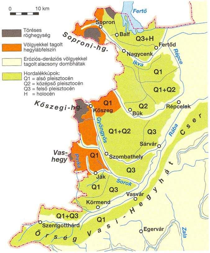 A K-Alpok nyúlványainak egykori és mai hegylábfelszíneit nagy részben kavicstakarók fedik: Rábáninneni-kavicstakaró (Vasihegyhát, Kemeneshát vagy Cser) Vas-Soproni-síkság, rség,