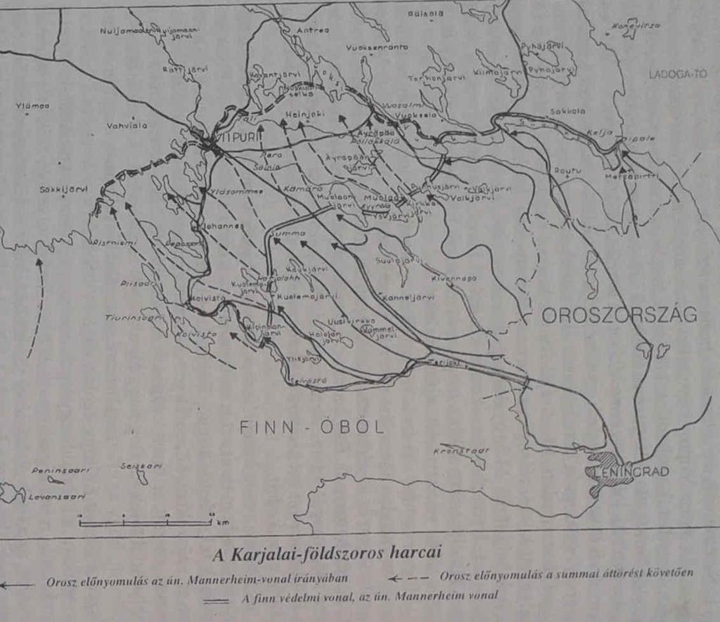 A Karjalai földszoros harcai < Orosz előrenyomulás a Mannerheim-vonal irányában < - - - Orosz előrenyomulás a summai áttörést követően ---------- A finn védelmi vonal, az ún.