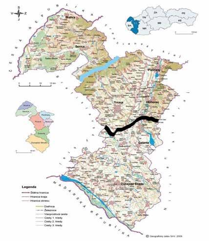 Autonómia & Társadalom 2021. I. évfolyam 1. szám 1. térkép: Nagyszombat megye, járási központjaival és a megyén belüli mentális határokkal Forrás: https://slovensko.denicek.