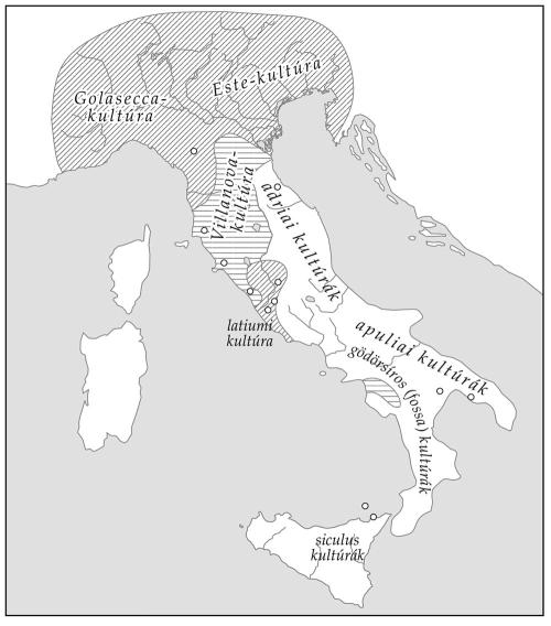 3. Róma Piemont és Lombardia területén, Este Velence környékén, Villanova Észak- és Közép-Itália nyugati felén (Bologna térsége és Toscana).