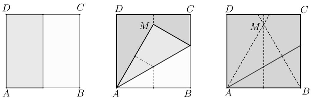 3. feladat: Hajtsunk egyenlő oldalú háromszöget egy négyzet alakú papírból, melynek egyik oldala essen egybe a négyzet oldalával. Megoldás.