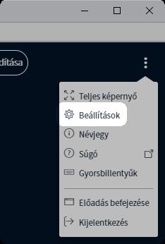 A résztvevők webkamera képe és a prezentáció között a prezentáció sarkában található váltó gombbal válthatunk (piros keret). A képernyő bal oldalán a résztvevők láthatók (sárga keret).