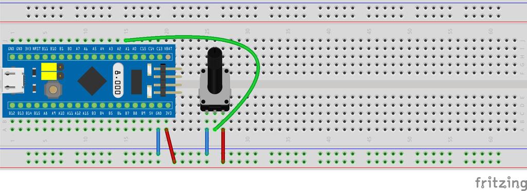Program07_1 Az STM32F103C8 mikrovezérlő AN1 (PA1) analóg bemenetére kötötti potméter csúszkáról levetti feszültséget mérjük A konverziót az ADC1_CR2 regiszterben a SWSTART bit