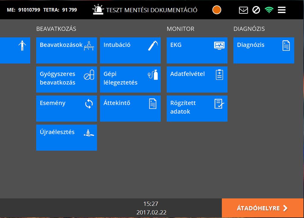 A Betegadatok képernyő után automatikusan a navigációs menü jelenik meg. A navigációs menü csempés rendszerű, kb. 3 oldal széles.