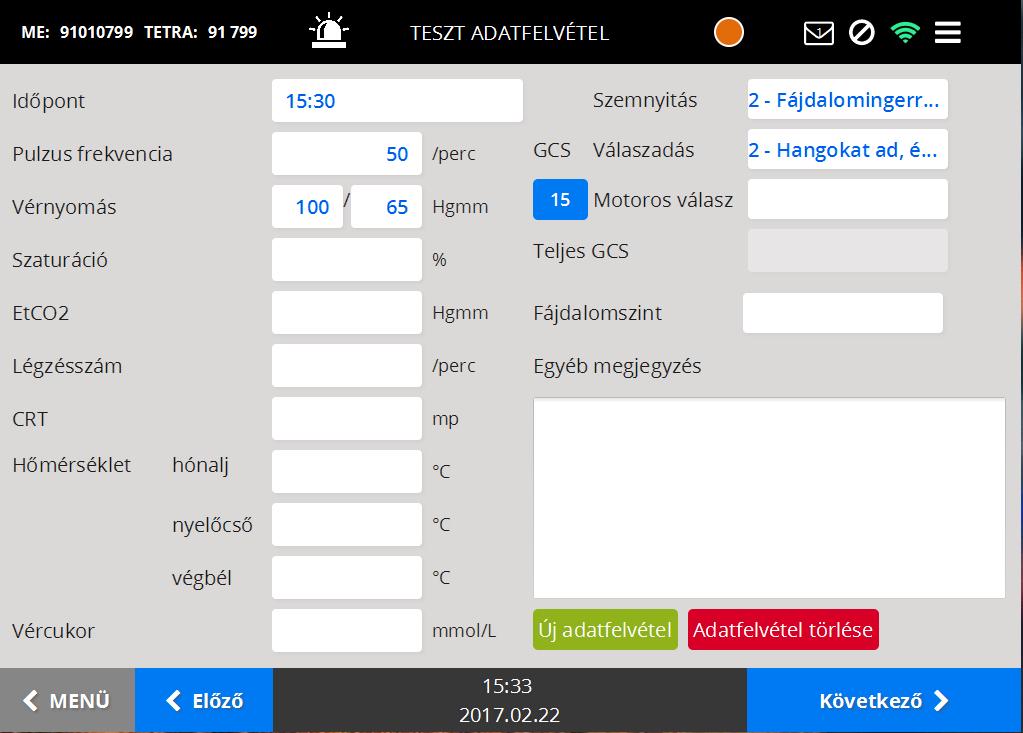 Az EKG és egyéb paraméterek bevitt adatainak rögzítéséhez (mentéséhez), a mentés új értékként gombot kell megnyomnunk, így menti be a rendszer az értékeket a Rögzített adatok -ba.