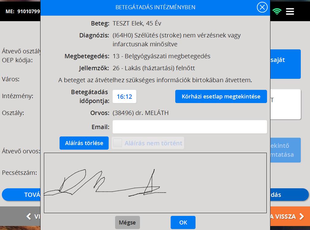 A kórházi esetlap megtekintése gombra kattintva, megjelenik információként az esetellátás A4 formátumú