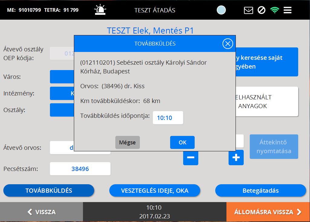 OK gombra kattintva újból a betegátadás alapképernyője jelenik meg.