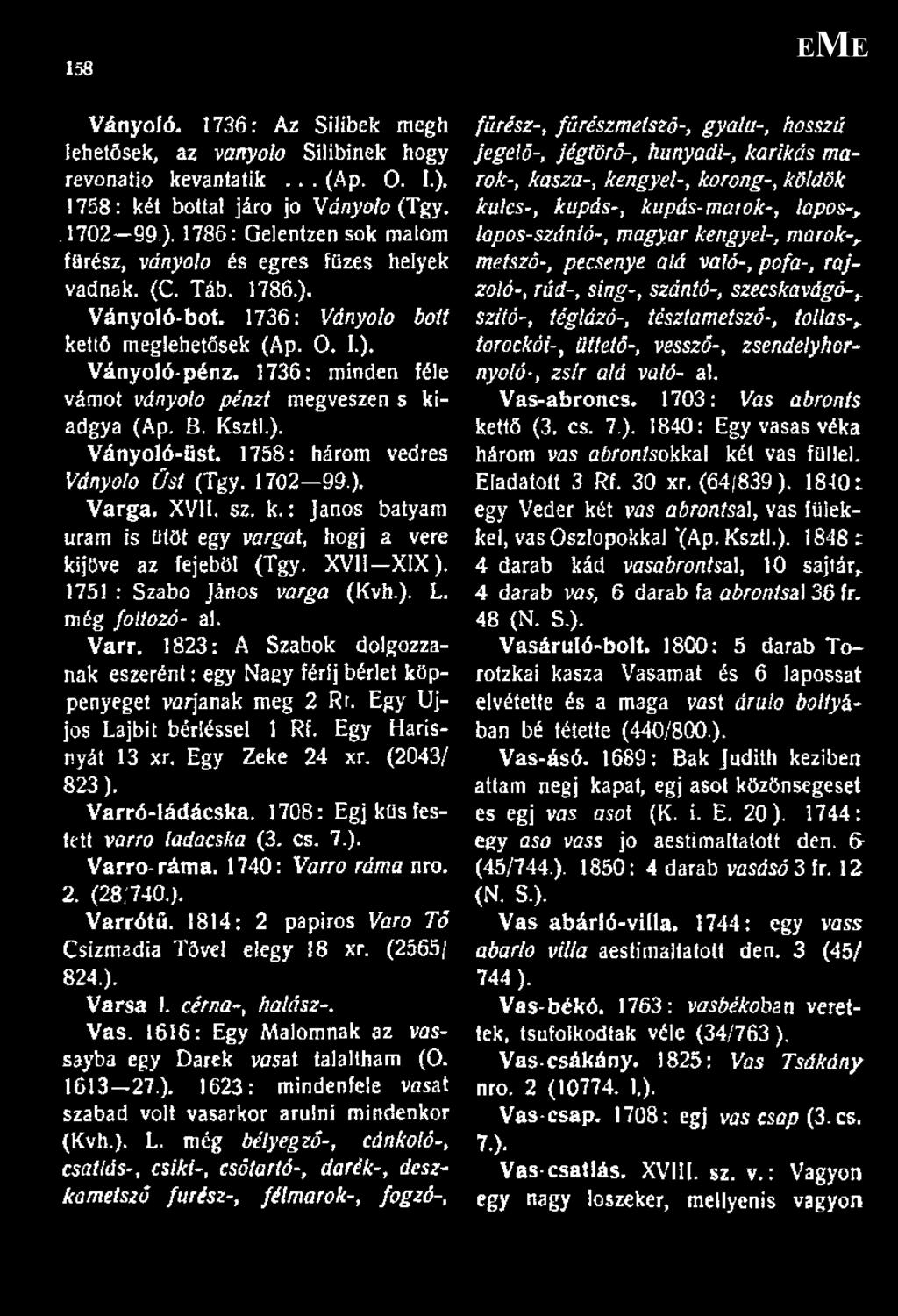 1758: három vedres Ványolo Üst (Tgy. 1702 99.). Varga. XVII. sz. k.: János bátyám uram is ütőt egy vargat, hogj a vere kijőve az fejéből (Tgy. XVII XIX). 1751 : Szabó János varga (Kvh.). L.