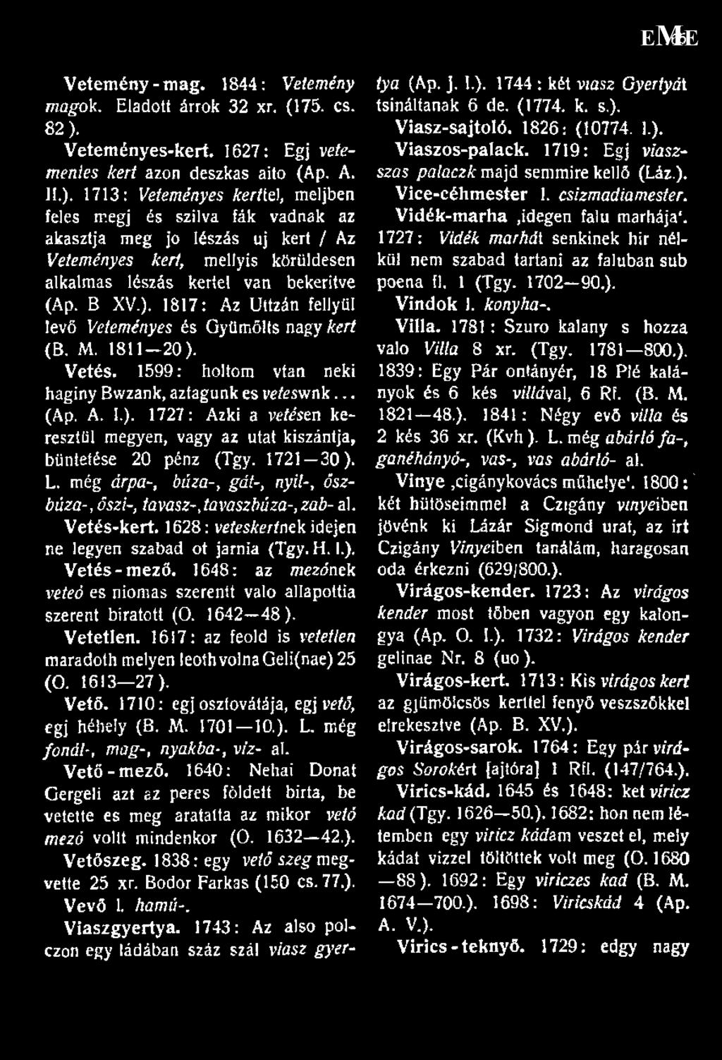 1817: Az Uitzán fellyül levő Veteményes és Gyű möl ts nagy kert (B. M. 1811 20). Vetés. 1599: holtom vtan neki haginy Bwzank, aztagunk es vetéswnk... (Ap. A. 1.). 1727: Azki a vetésen keresztül megyen, vagy az utat kiszántja, büntetése 20 pénz (Tgy.