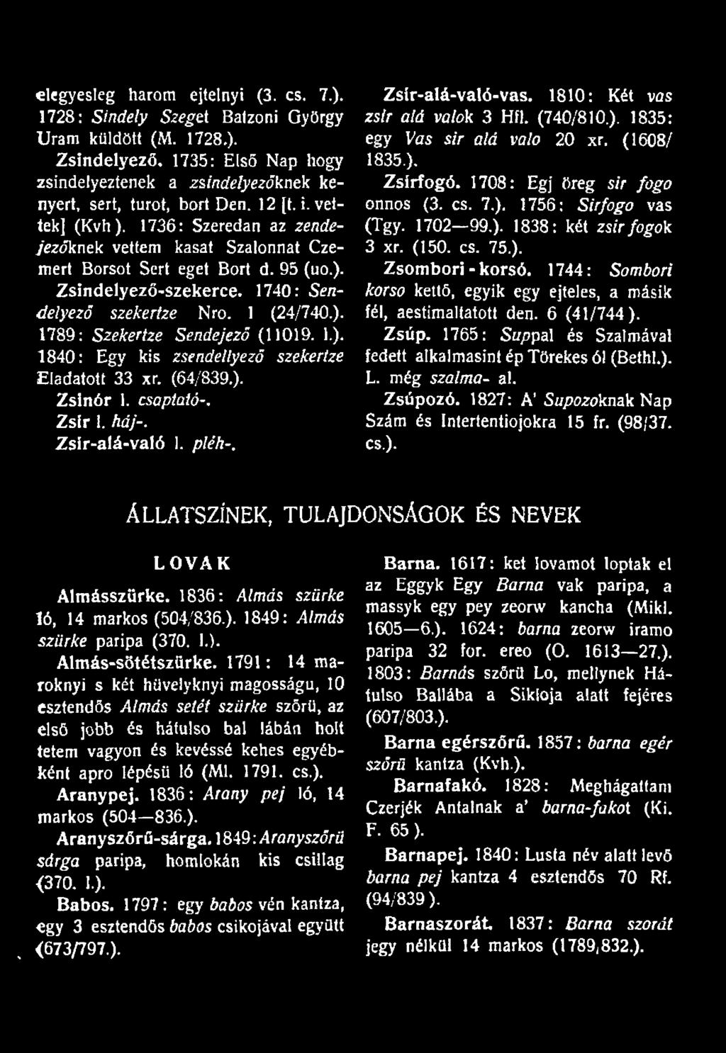 1.). 1840: Egy kis zsendellyezö szekertze Eladatott 33 xr. (64/839.). Zsinór 1. csaptaid-. Zsír 1. háj-. Zsír-alá-való 1. pléh-. Zsír-alá-való-vas. 1810: Két v ű s zsír alá valók 3 Hfl. (740/810.). 1835: egy Vűs sir alá való 20 xr.